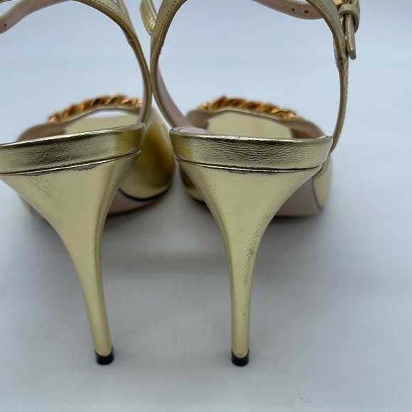 Gucci Gold Metallic Leather Chain link square toe strapy heels 37.5 - Picture 6 of 12